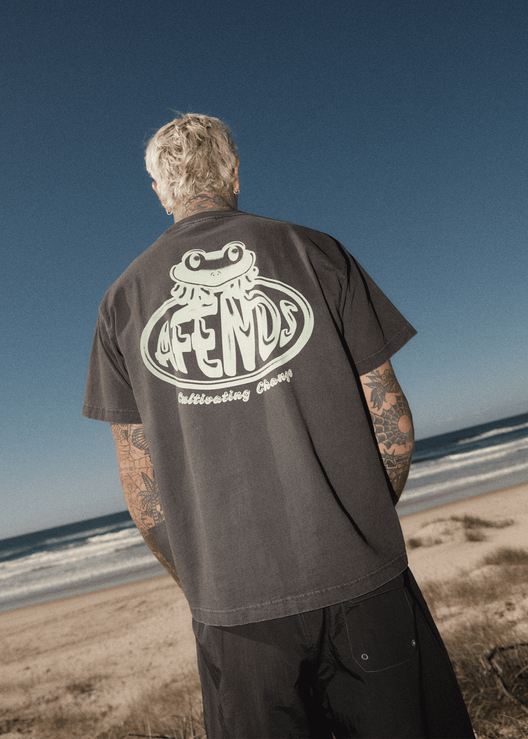 AFENDS Mens Frogga - Heavy Boxy Fit Tee - Stone Black - Sustainable Clothing - Streetwear