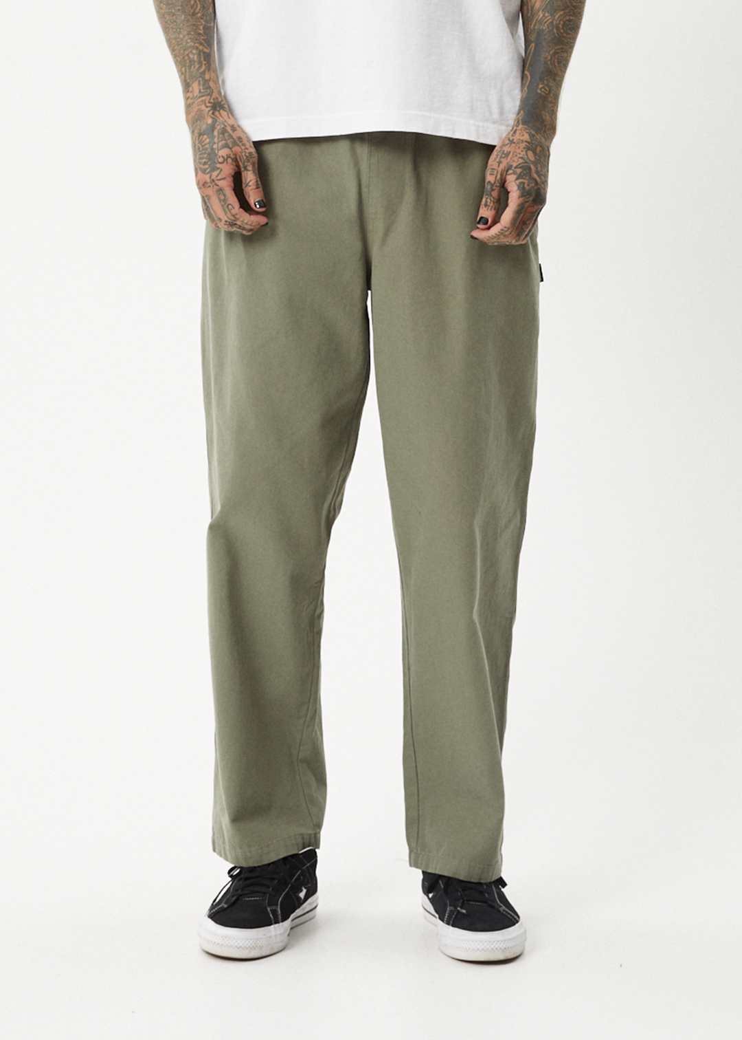 AFENDS Mens Ninety Eights - Baggy Elastic Waist Pants - Olive - Sustainable Clothing - Streetwear