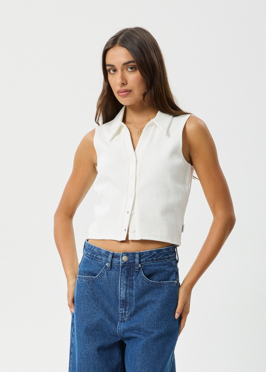 AFENDS Womens Eliza - Rib Sleeveless Shirt - White - Sustainable Clothing - Streetwear