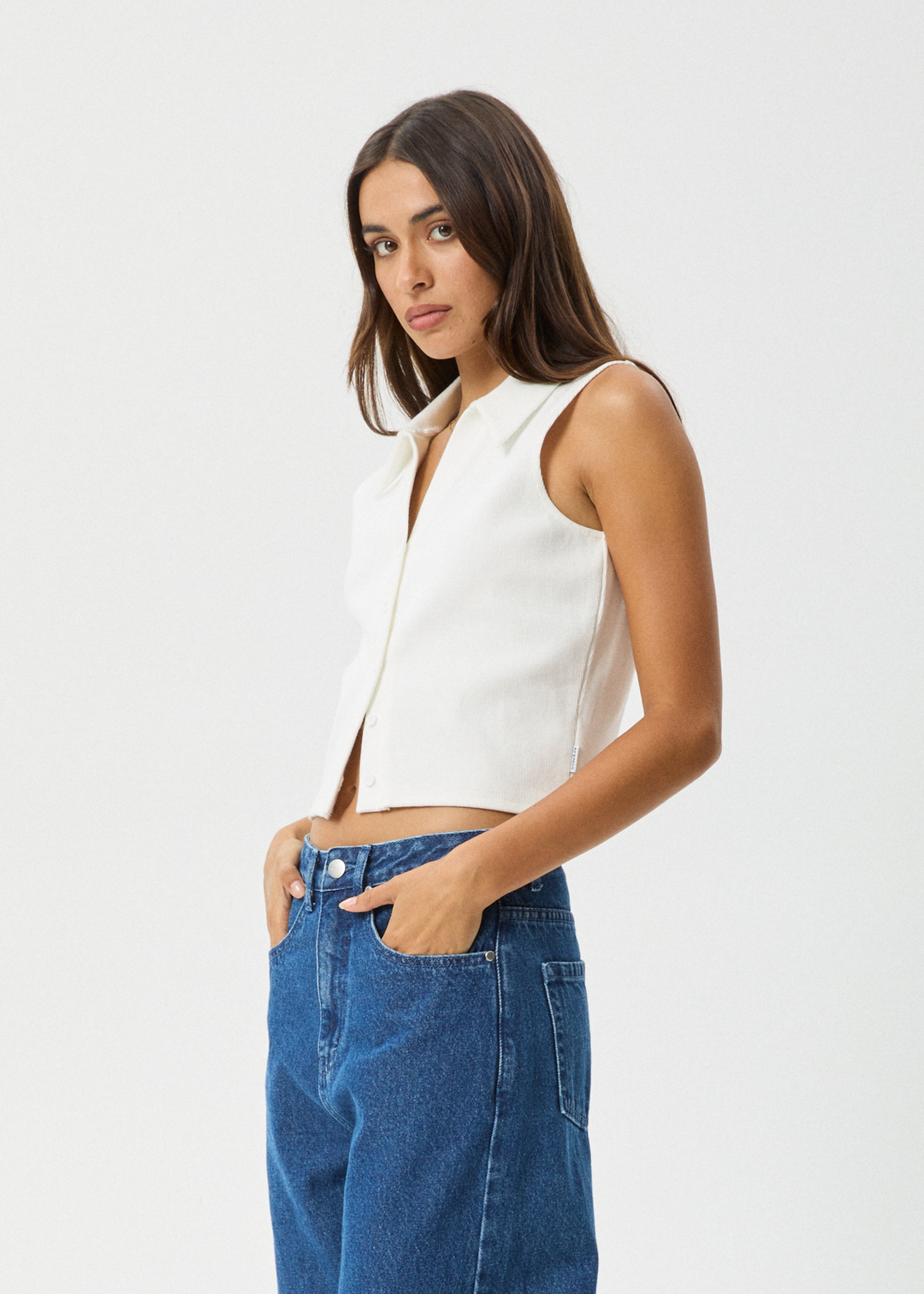 AFENDS Womens Eliza - Rib Sleeveless Shirt - White - Sustainable Clothing - Streetwear