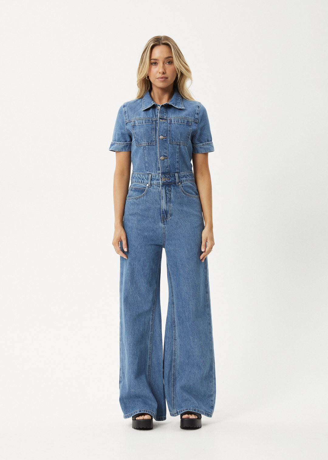 AFENDS Womens Miami - Denim Flared Leg Jumpsuit - Worn Blue - Sustainable Clothing - Streetwear