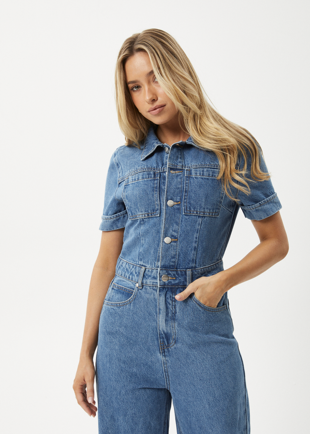 AFENDS Womens Miami - Denim Flared Leg Jumpsuit - Worn Blue - Sustainable Clothing - Streetwear