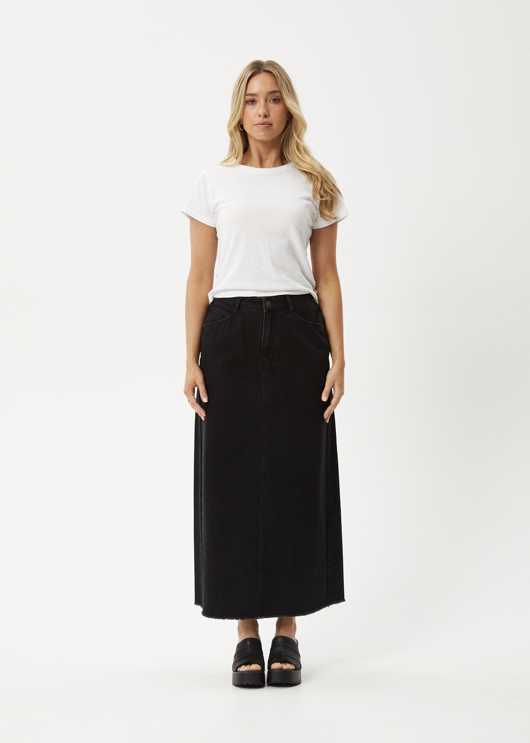 AFENDS Womens Chichi - Denim Midi Skirt - Washed Black - Sustainable Clothing - Streetwear