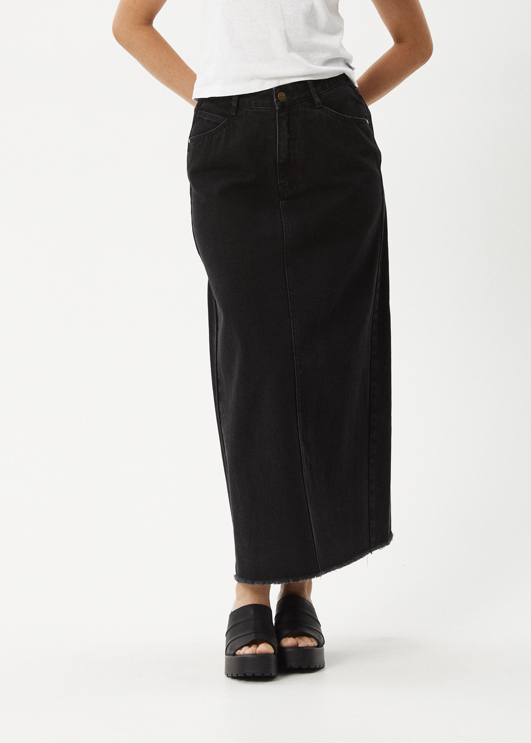 AFENDS Womens Chichi - Denim Midi Skirt - Washed Black - Sustainable Clothing - Streetwear