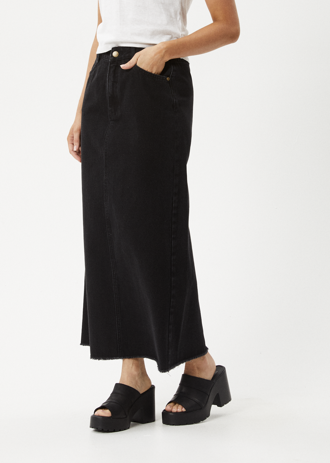 AFENDS Womens Chichi - Denim Midi Skirt - Washed Black - Sustainable Clothing - Streetwear