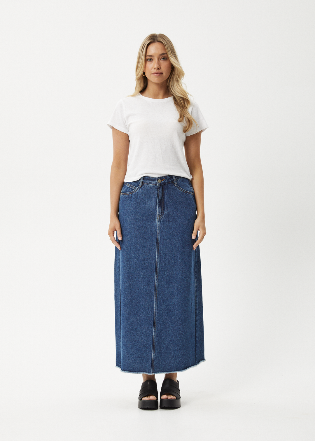 AFENDS Womens Chichi - Denim Midi Skirt - Authentic Blue - Sustainable Clothing - Streetwear