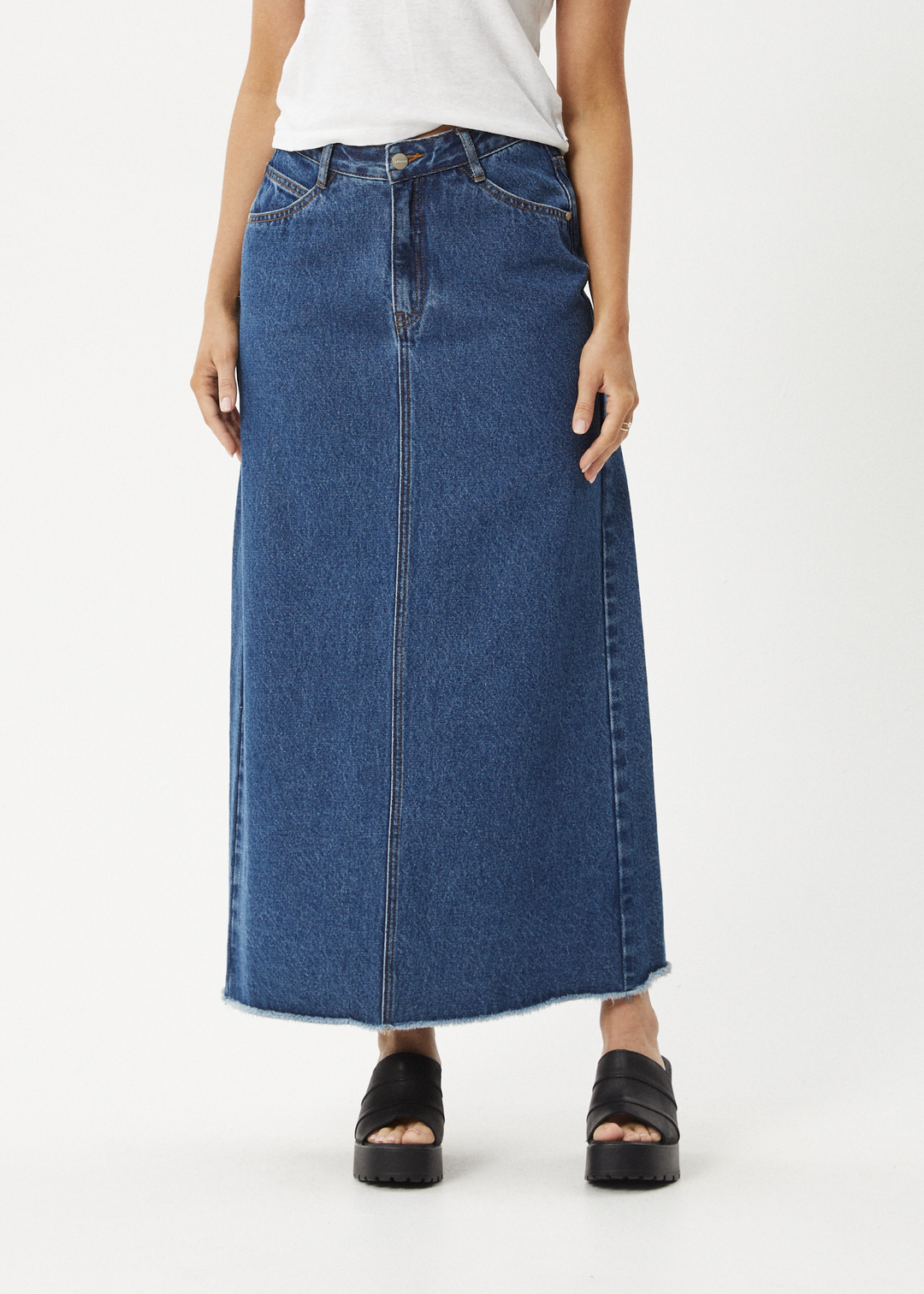 AFENDS Womens Chichi - Denim Midi Skirt - Authentic Blue - Sustainable Clothing - Streetwear