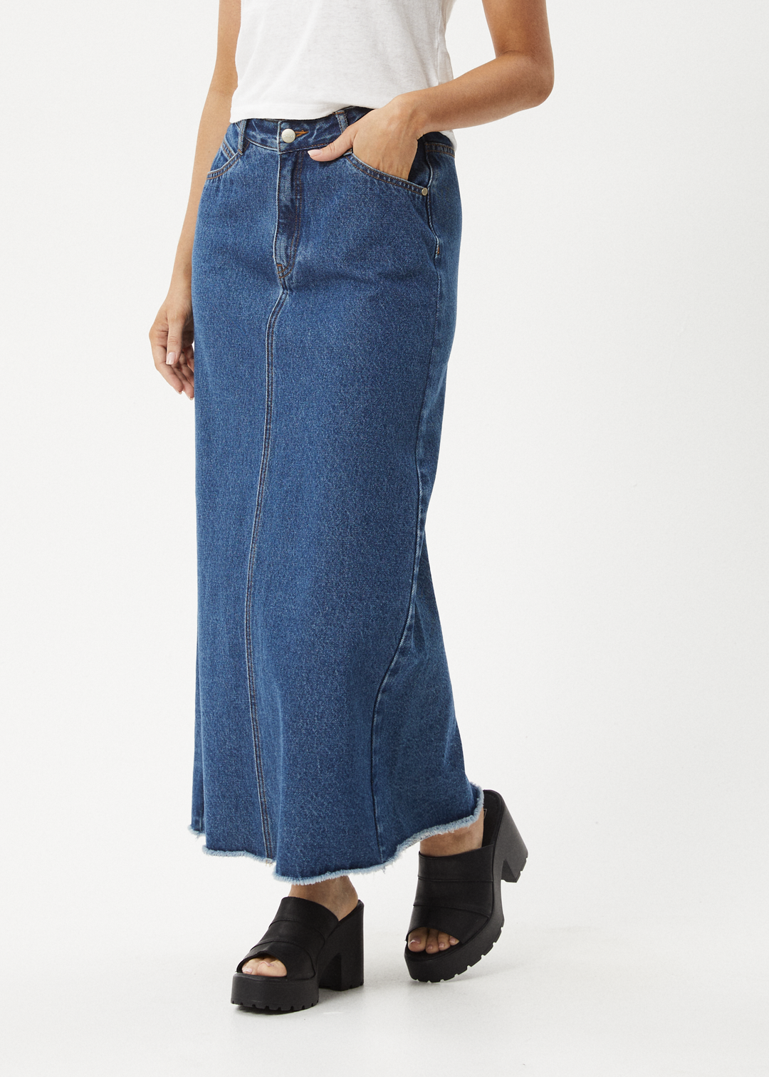 AFENDS Womens Chichi - Denim Midi Skirt - Authentic Blue - Sustainable Clothing - Streetwear