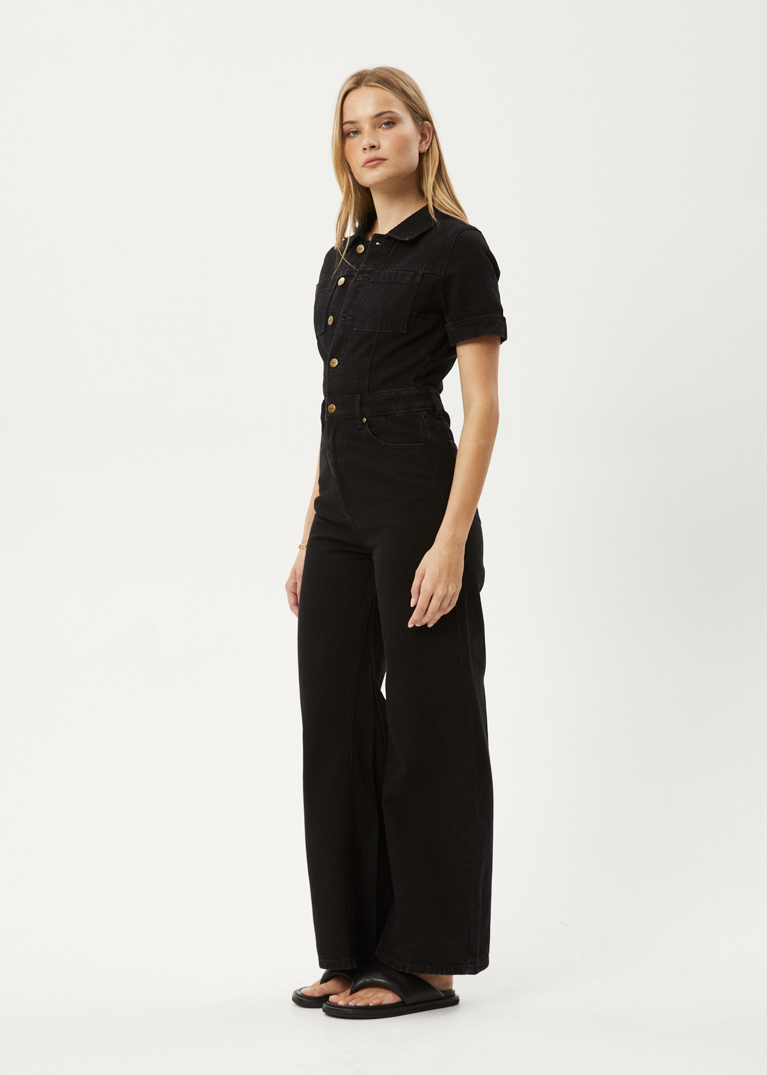 AFENDS Womens Miami - Denim Flared Leg Jumpsuit - Washed Black - Sustainable Clothing - Streetwear