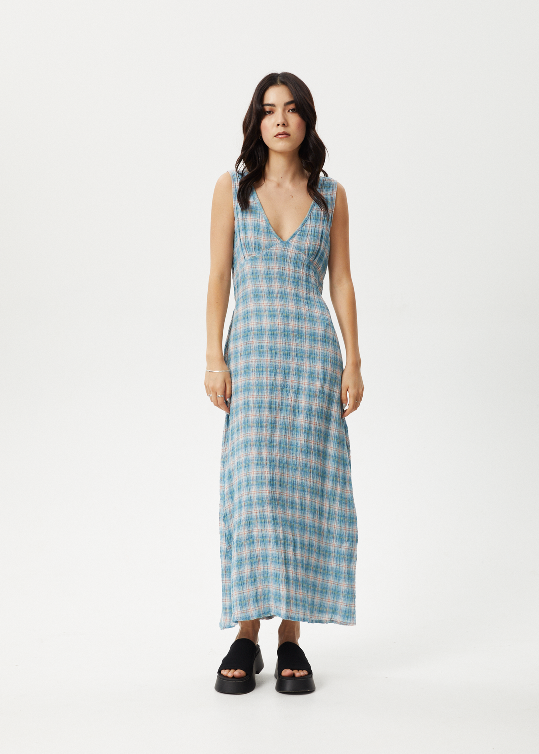 AFENDS Womens Position - Seersucker Check Maxi Dress - Lake Check - Sustainable Clothing - Streetwear