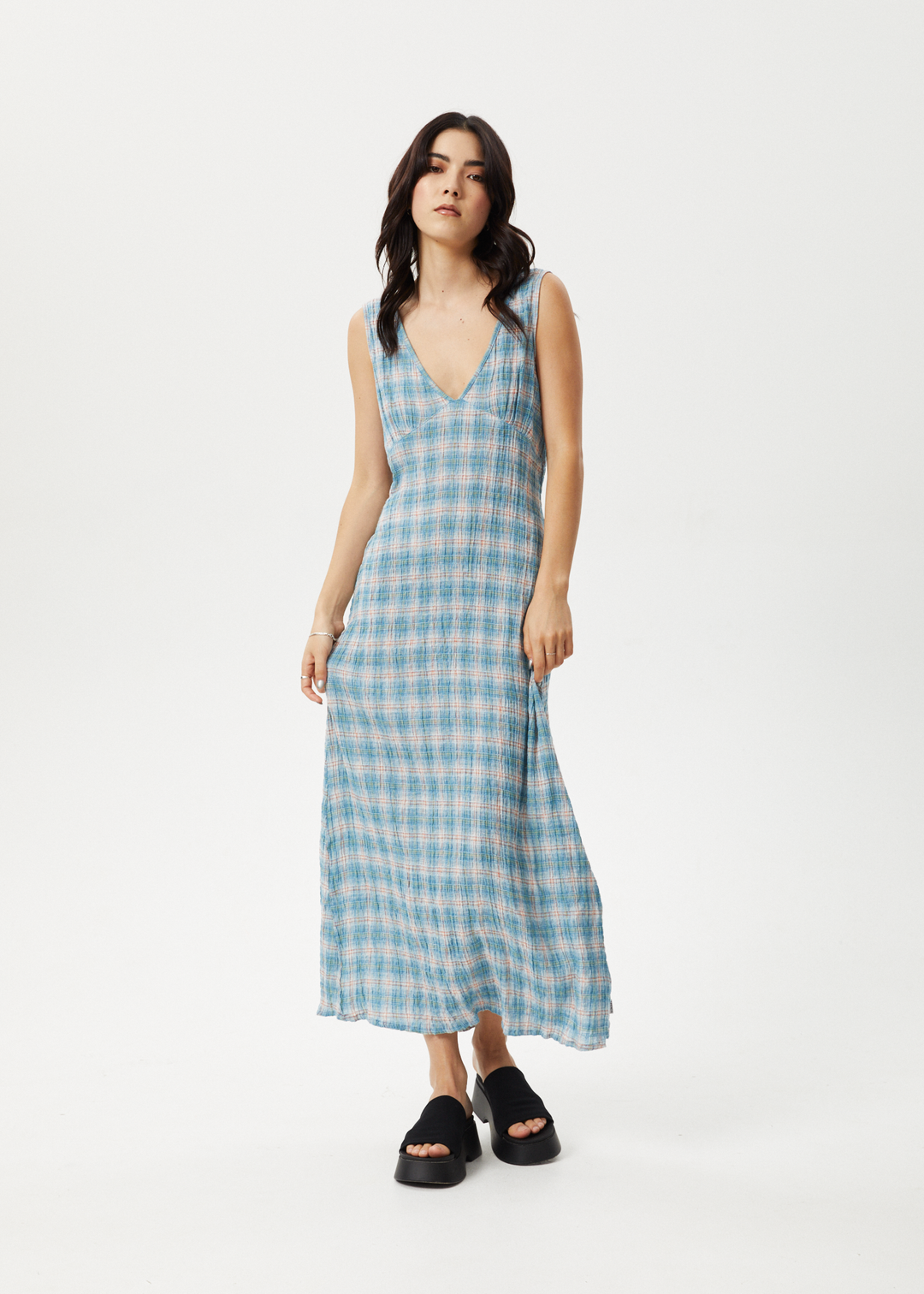 AFENDS Womens Position - Seersucker Check Maxi Dress - Lake Check - Sustainable Clothing - Streetwear