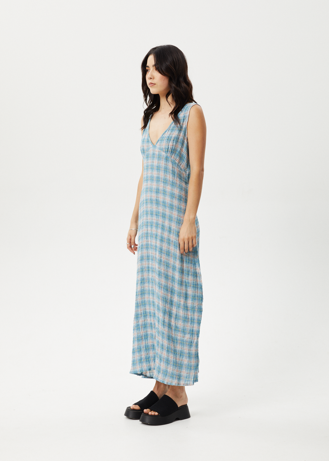 AFENDS Womens Position - Seersucker Check Maxi Dress - Lake Check - Sustainable Clothing - Streetwear