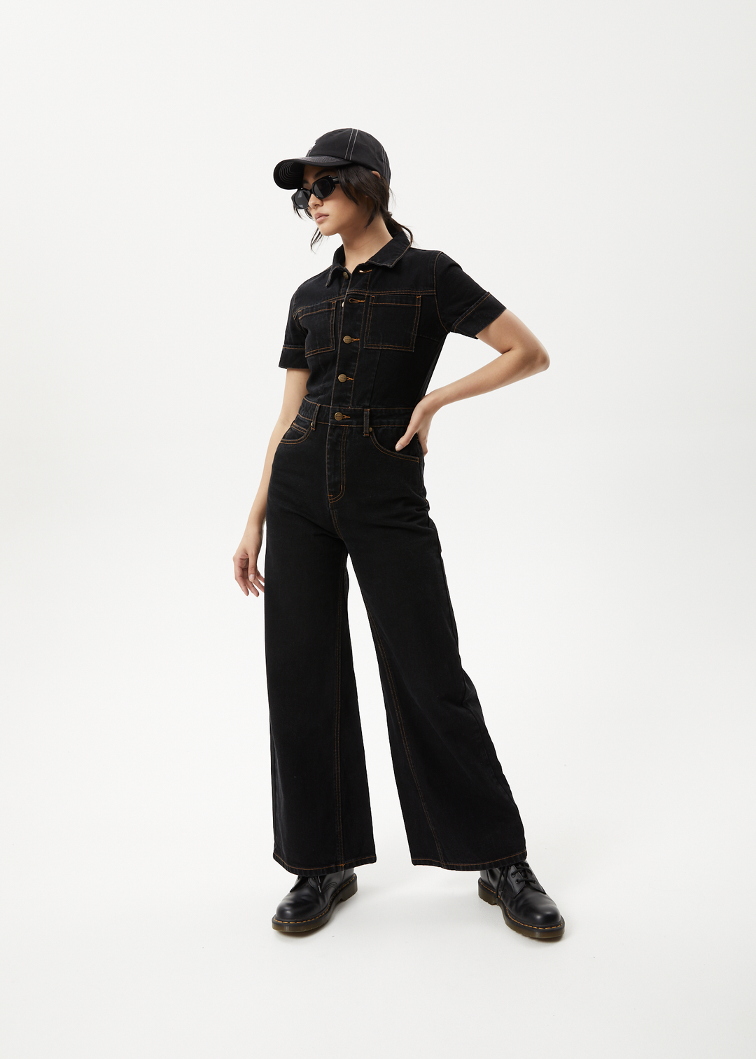 AFENDS Womens Estrella - Organic Denim Flared Leg Jumpsuit - Black - Sustainable Clothing - Streetwear