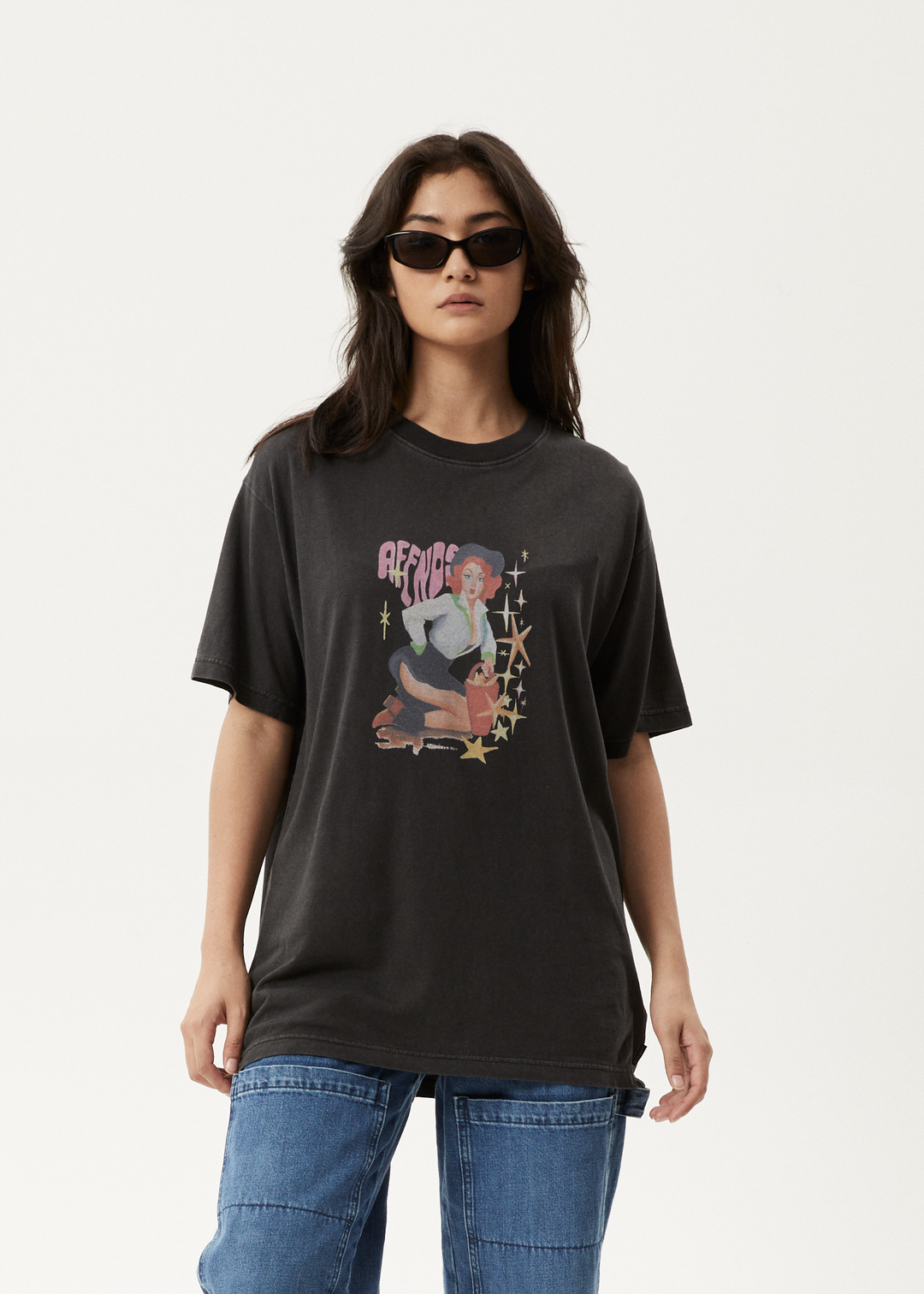 AFENDS Womens Worlds Above - Oversized T-Shirt - Stone Black - Sustainable Clothing - Streetwear