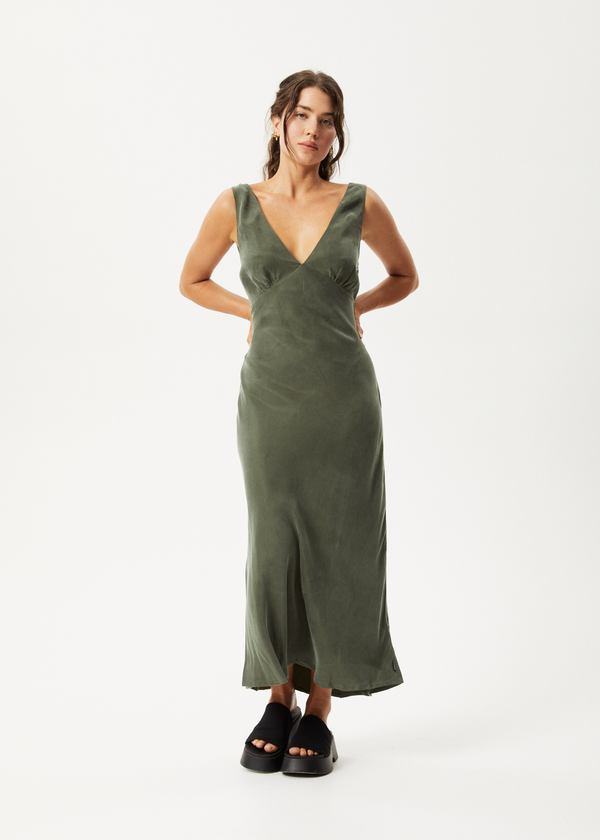 AFENDS Womens Gia - Cupro Maxi Dress - Deep Green