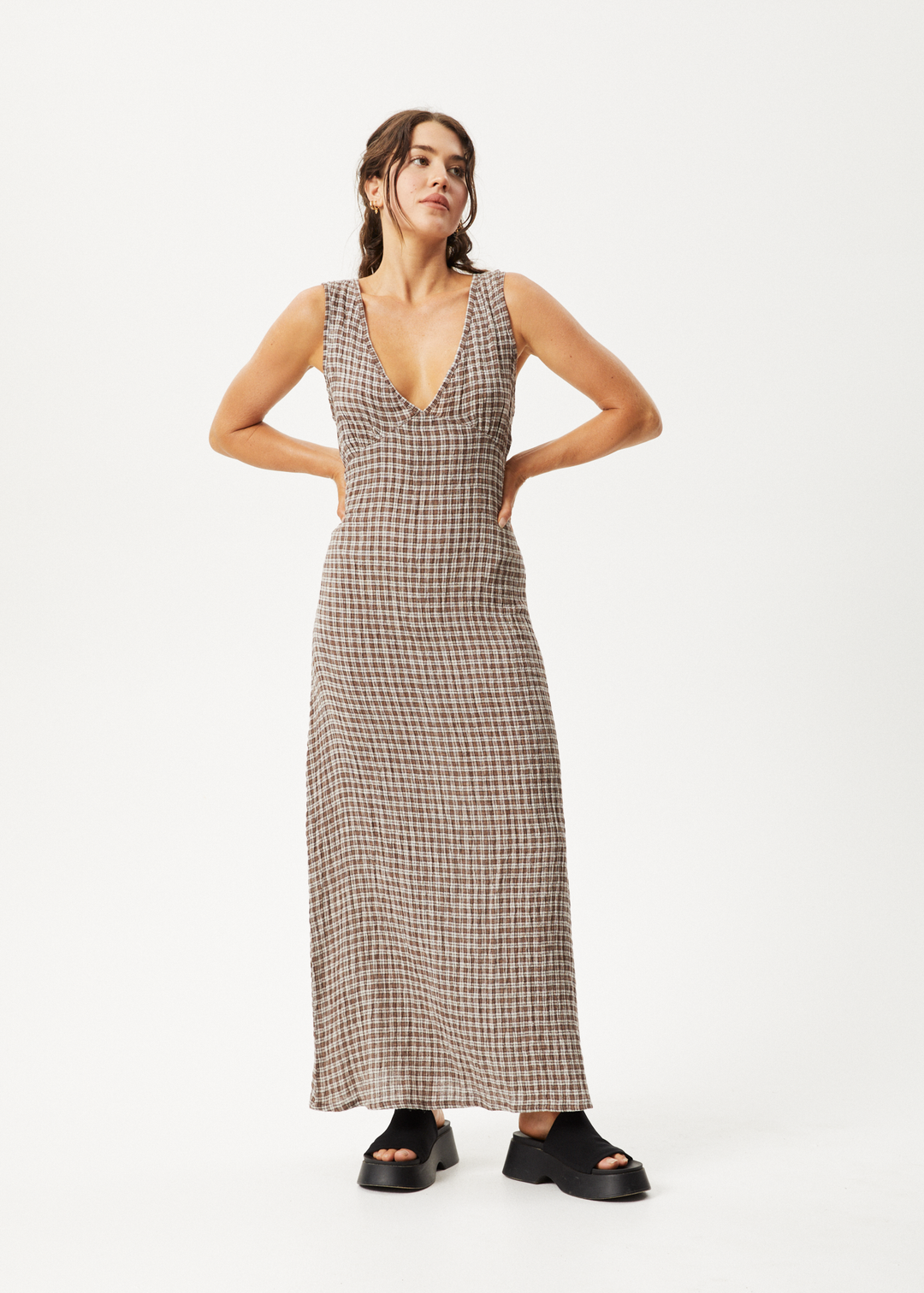 AFENDS Womens Base - Seersucker Check Maxi Dress - Coffee Check - Sustainable Clothing - Streetwear