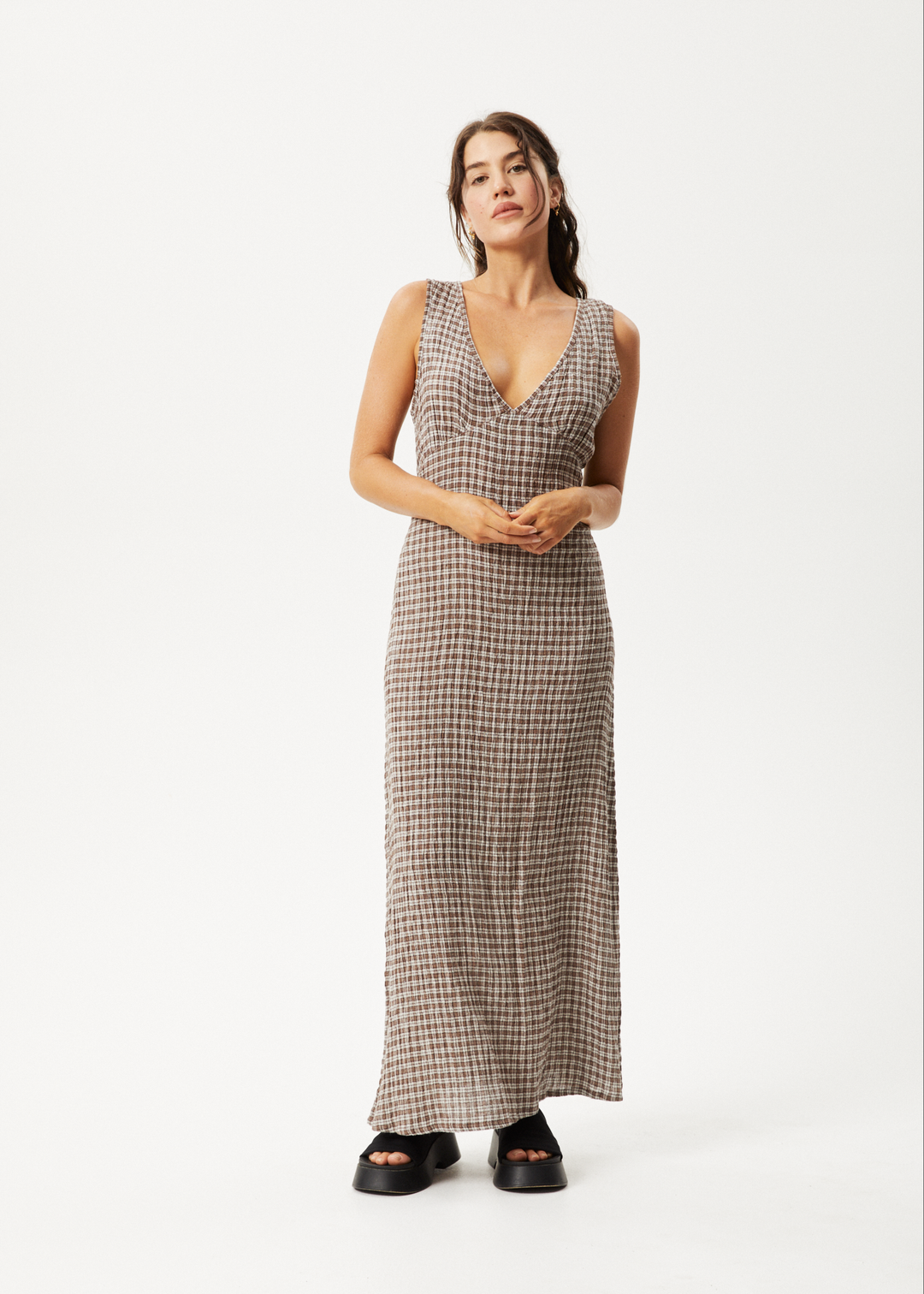 AFENDS Womens Base - Seersucker Check Maxi Dress - Coffee Check - Sustainable Clothing - Streetwear