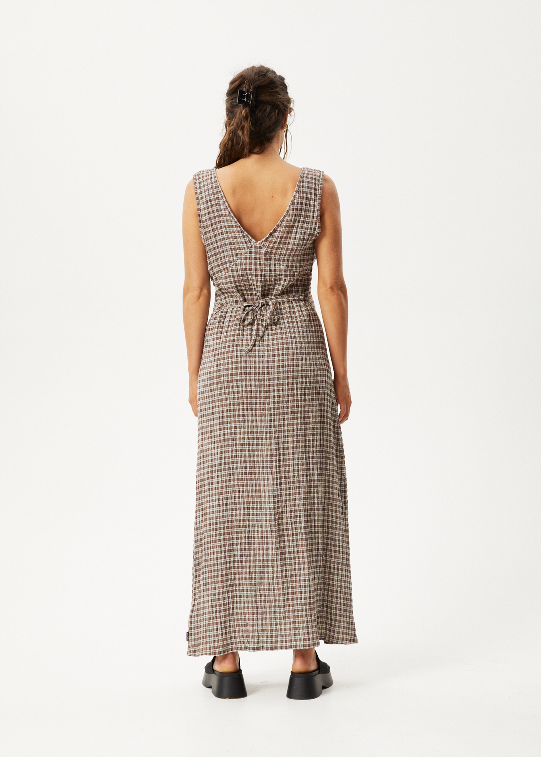 AFENDS Womens Base - Seersucker Check Maxi Dress - Coffee Check - Sustainable Clothing - Streetwear