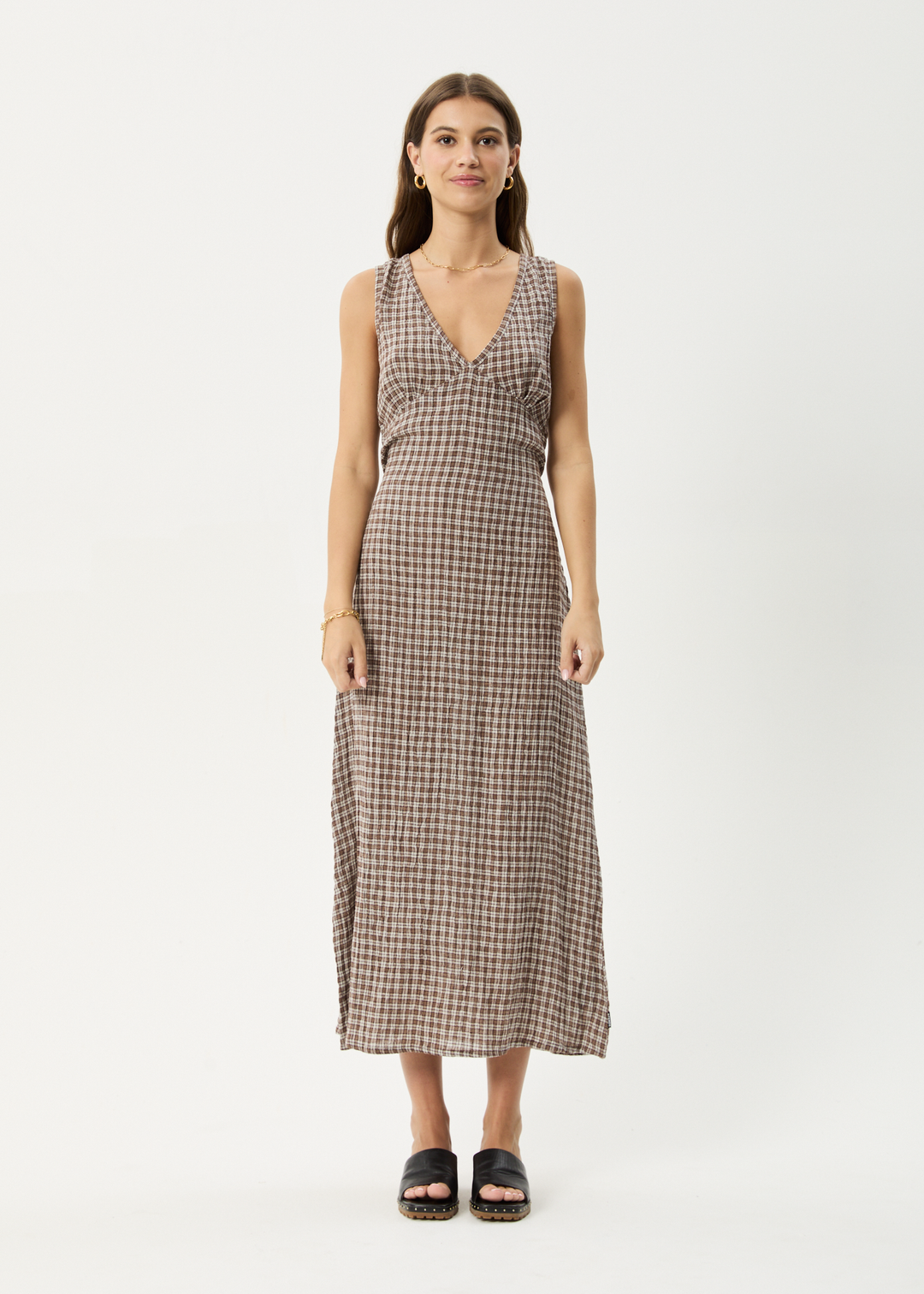 AFENDS Womens Base - Seersucker Check Maxi Dress - Coffee Check - Sustainable Clothing - Streetwear