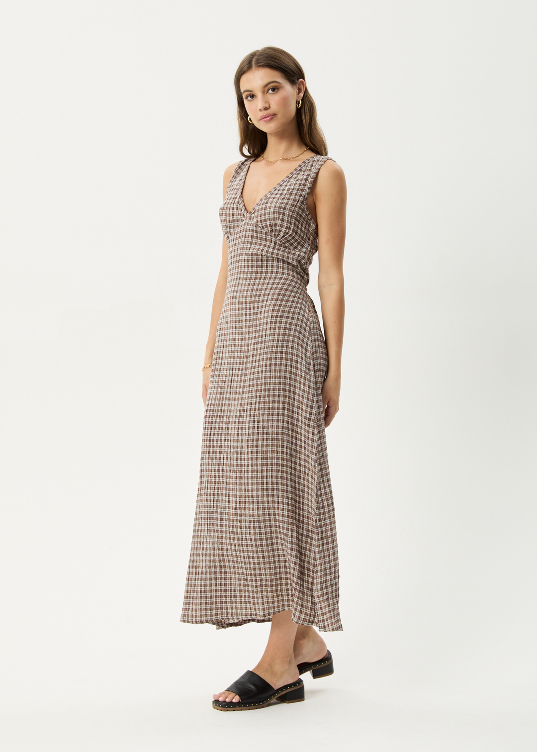 AFENDS Womens Base - Seersucker Check Maxi Dress - Coffee Check - Sustainable Clothing - Streetwear