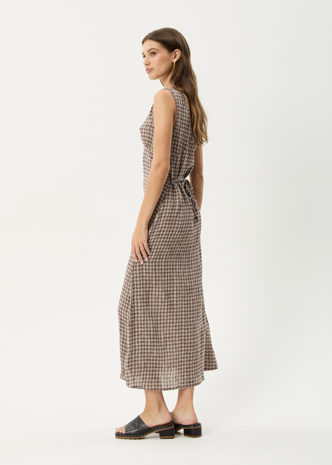 AFENDS Womens Base - Seersucker Check Maxi Dress - Coffee Check - Sustainable Clothing - Streetwear