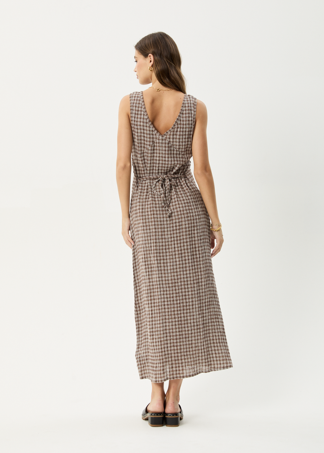 AFENDS Womens Base - Seersucker Check Maxi Dress - Coffee Check - Sustainable Clothing - Streetwear