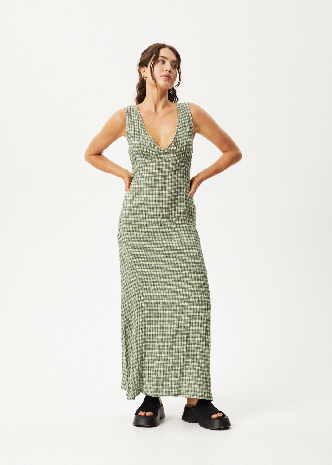 AFENDS Womens Base - Seersucker Check Maxi Dress - Deep Green Check - Sustainable Clothing - Streetwear