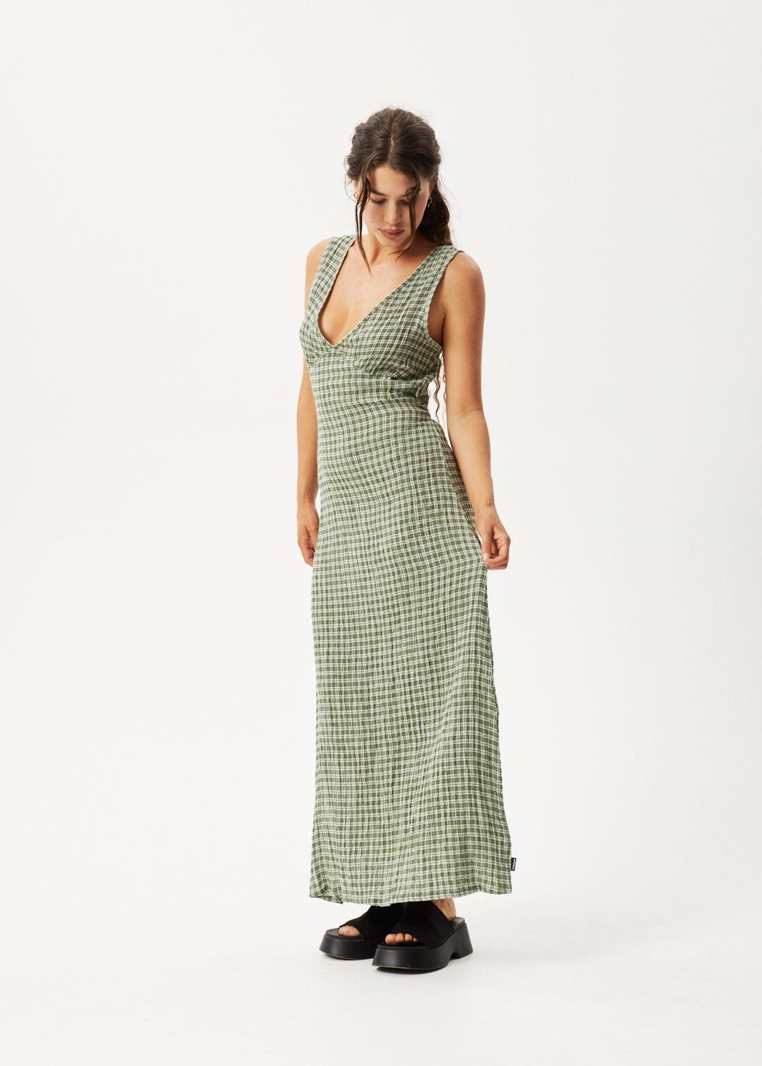 AFENDS Womens Base - Seersucker Check Maxi Dress - Deep Green Check - Sustainable Clothing - Streetwear