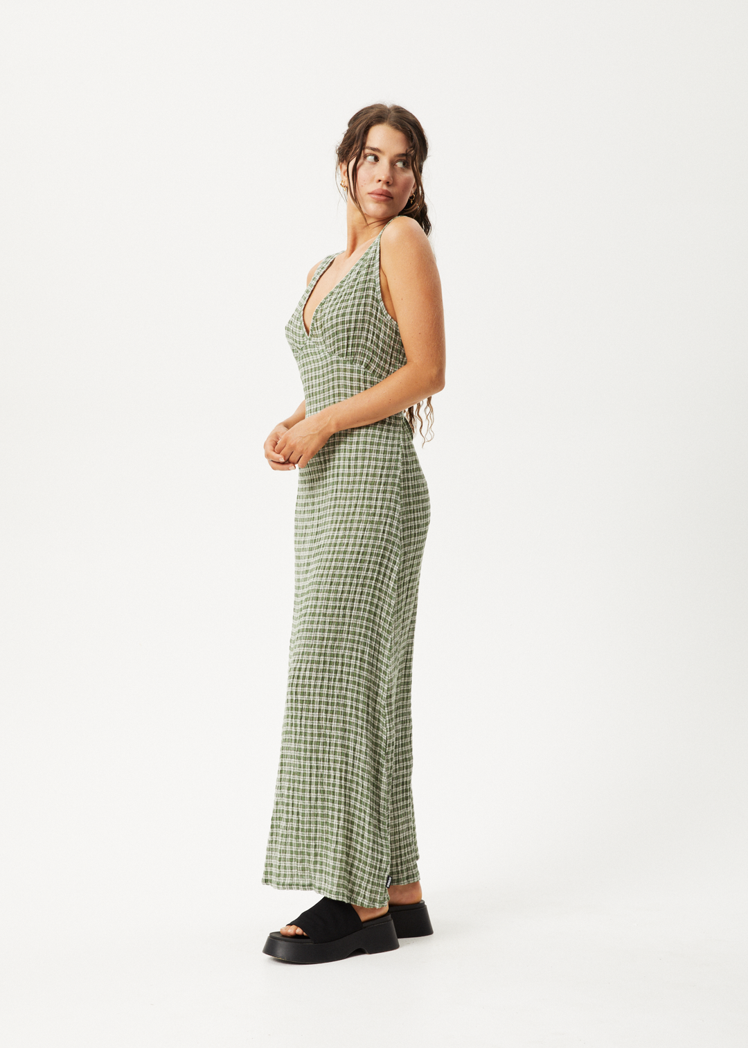 AFENDS Womens Base - Seersucker Check Maxi Dress - Deep Green Check - Sustainable Clothing - Streetwear