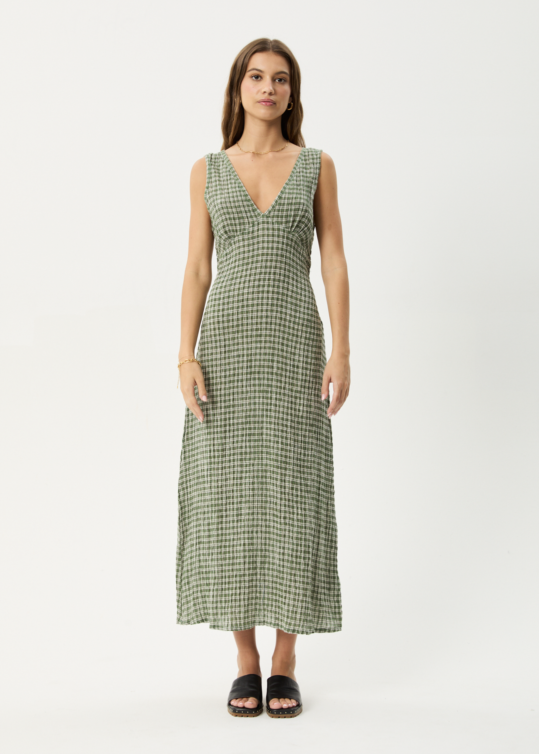 AFENDS Womens Base - Seersucker Check Maxi Dress - Deep Green Check - Sustainable Clothing - Streetwear