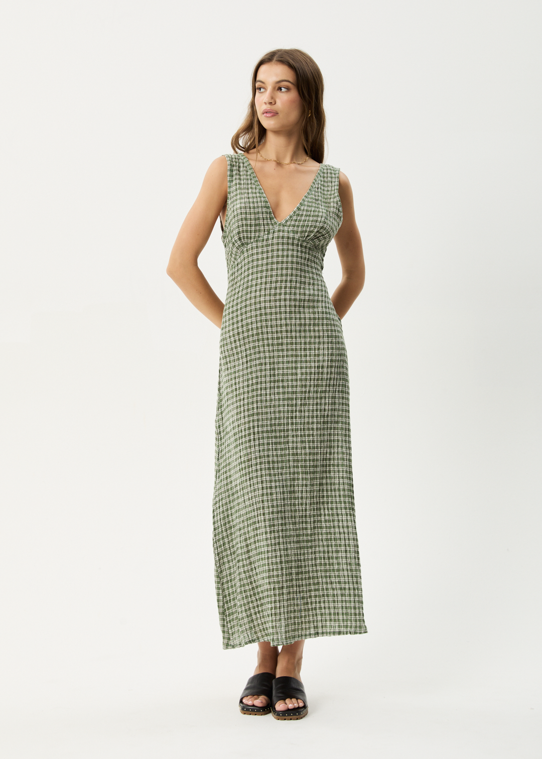 AFENDS Womens Base - Seersucker Check Maxi Dress - Deep Green Check - Sustainable Clothing - Streetwear