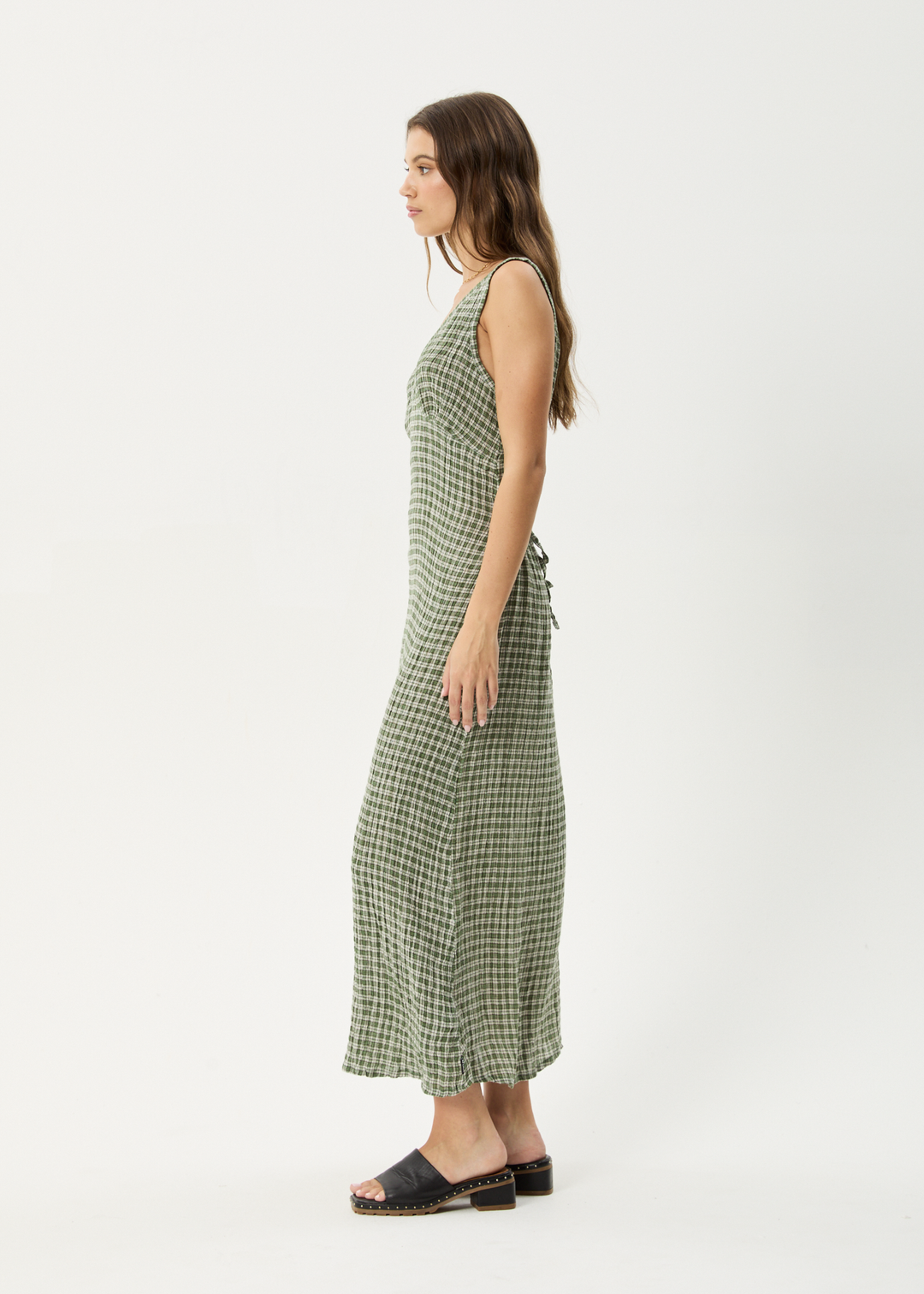 AFENDS Womens Base - Seersucker Check Maxi Dress - Deep Green Check - Sustainable Clothing - Streetwear