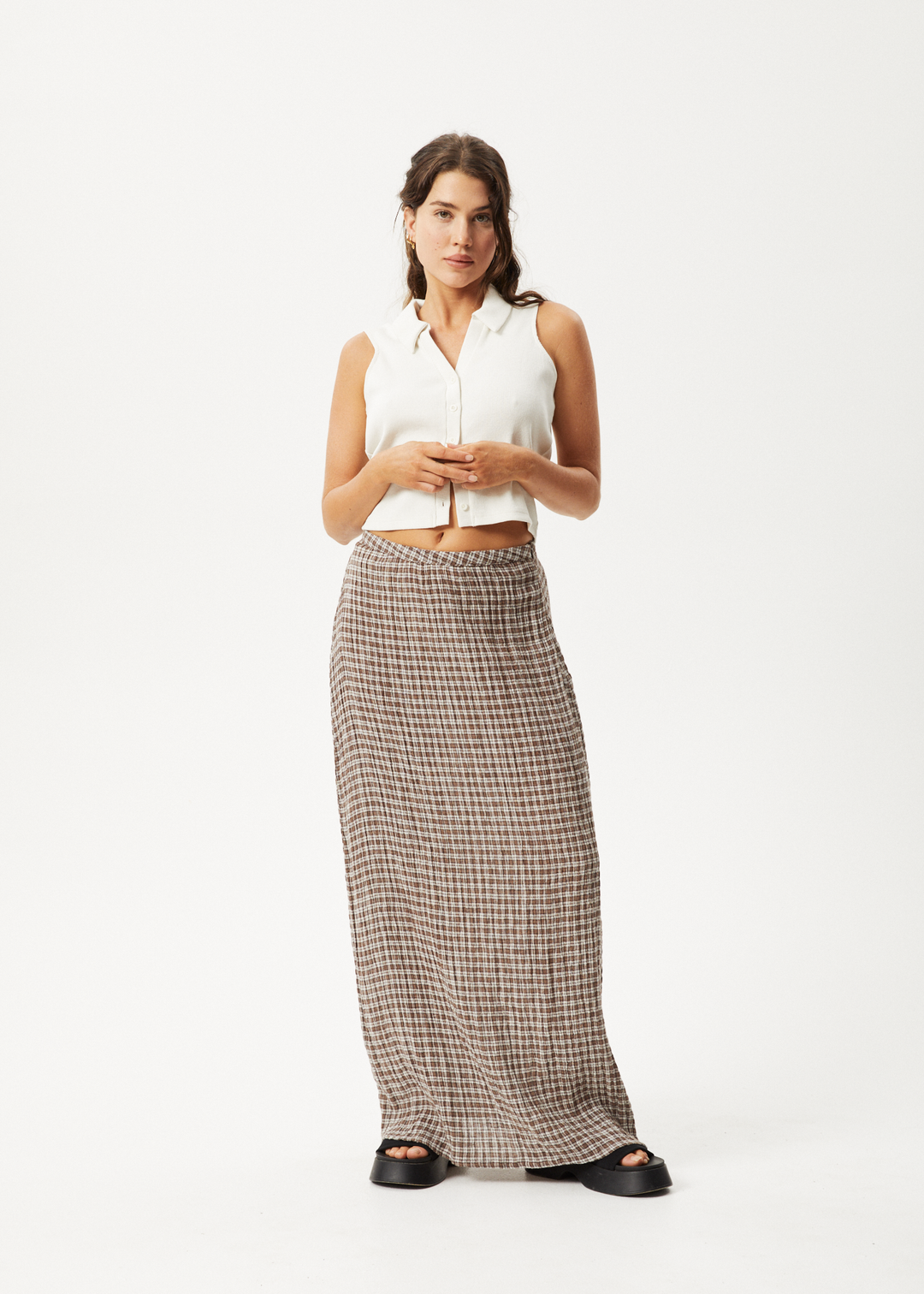 AFENDS Womens Base - Seersucker Check Skirt - Coffee Check - Sustainable Clothing - Streetwear