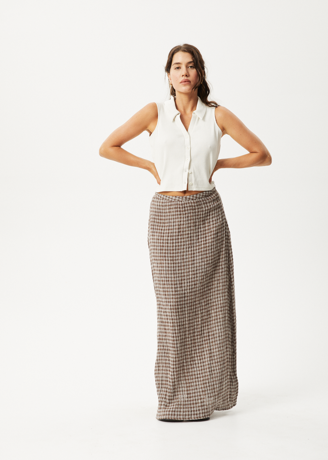 AFENDS Womens Base - Seersucker Check Skirt - Coffee Check - Sustainable Clothing - Streetwear