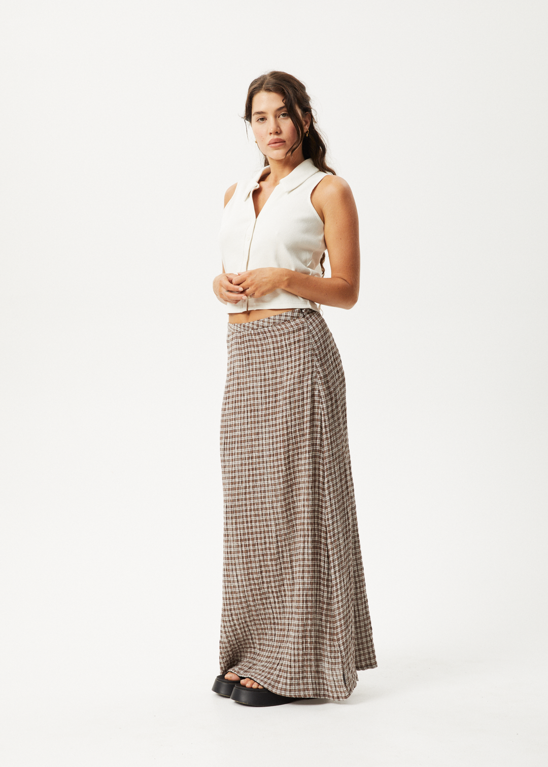 AFENDS Womens Base - Seersucker Check Skirt - Coffee Check - Sustainable Clothing - Streetwear