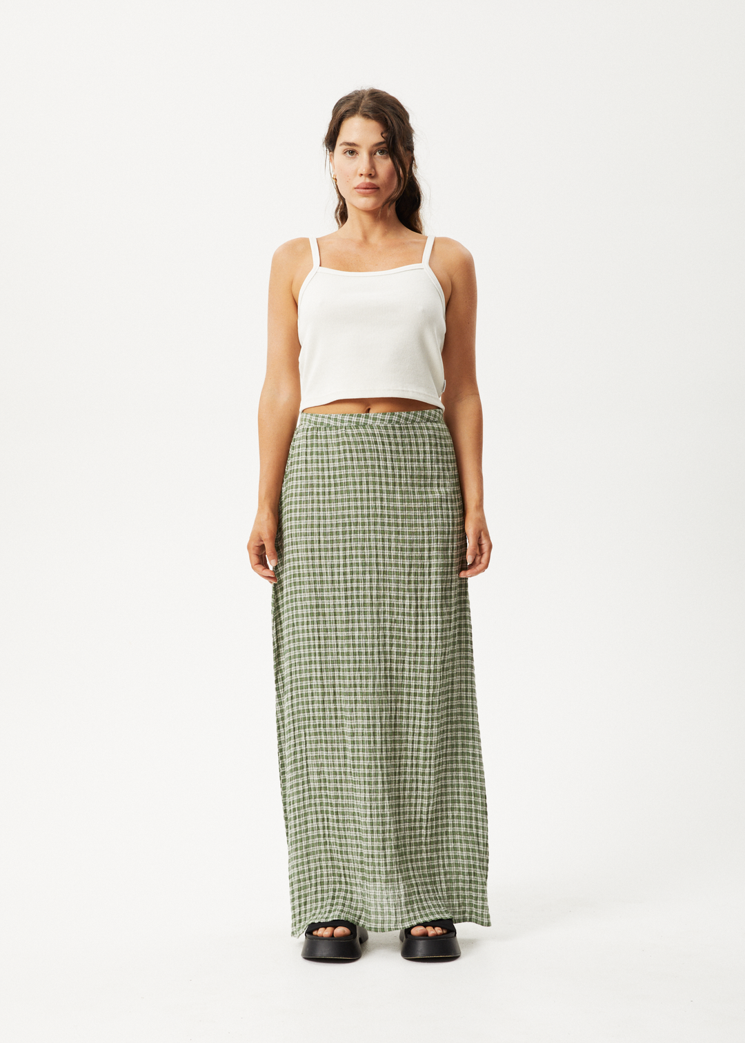 AFENDS Womens Base - Seersucker Check Skirt - Deep Green Check - Sustainable Clothing - Streetwear