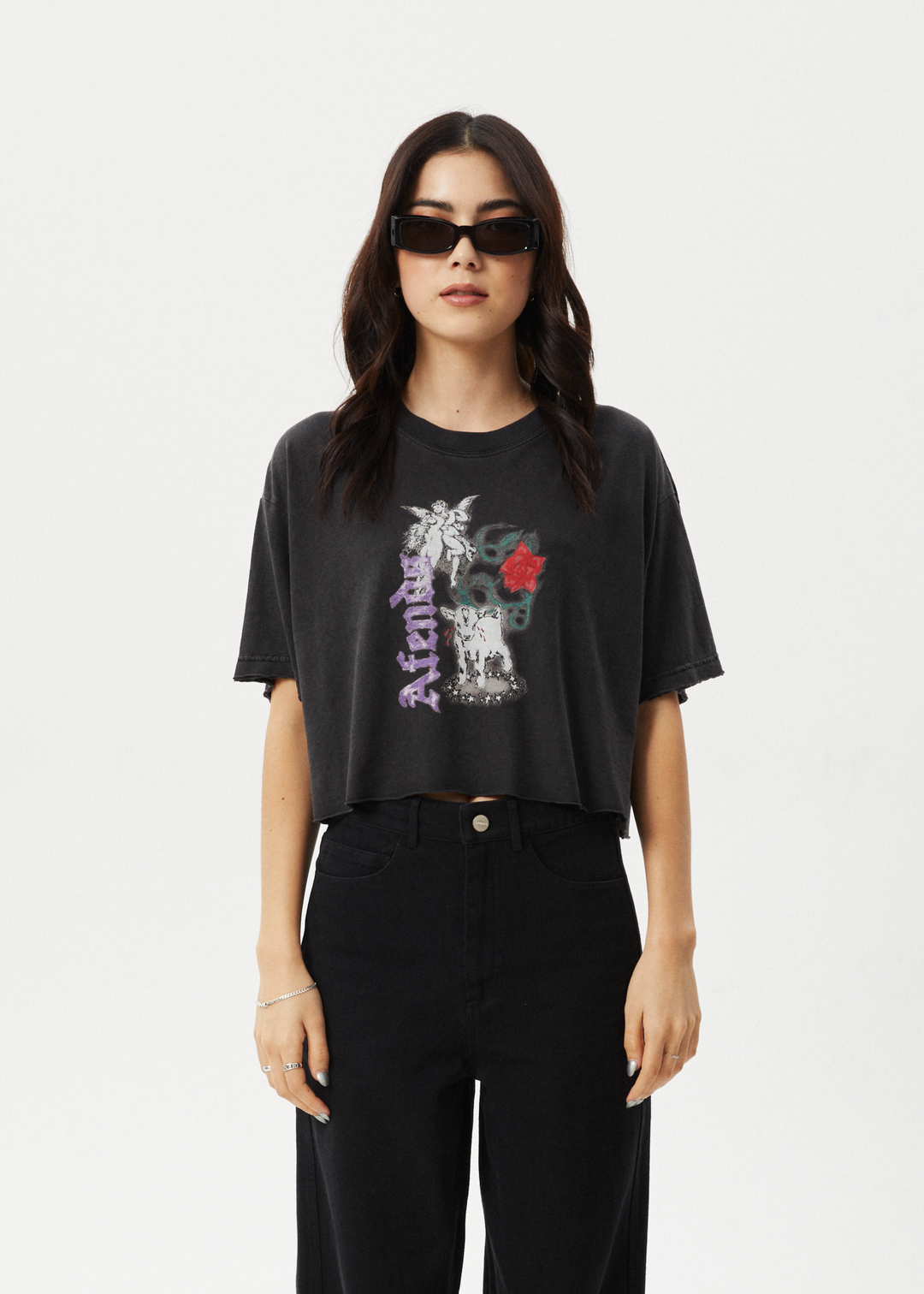 AFENDS Womens Nirvana Cropped - Oversized Tee - Stone Black - Sustainable Clothing - Streetwear