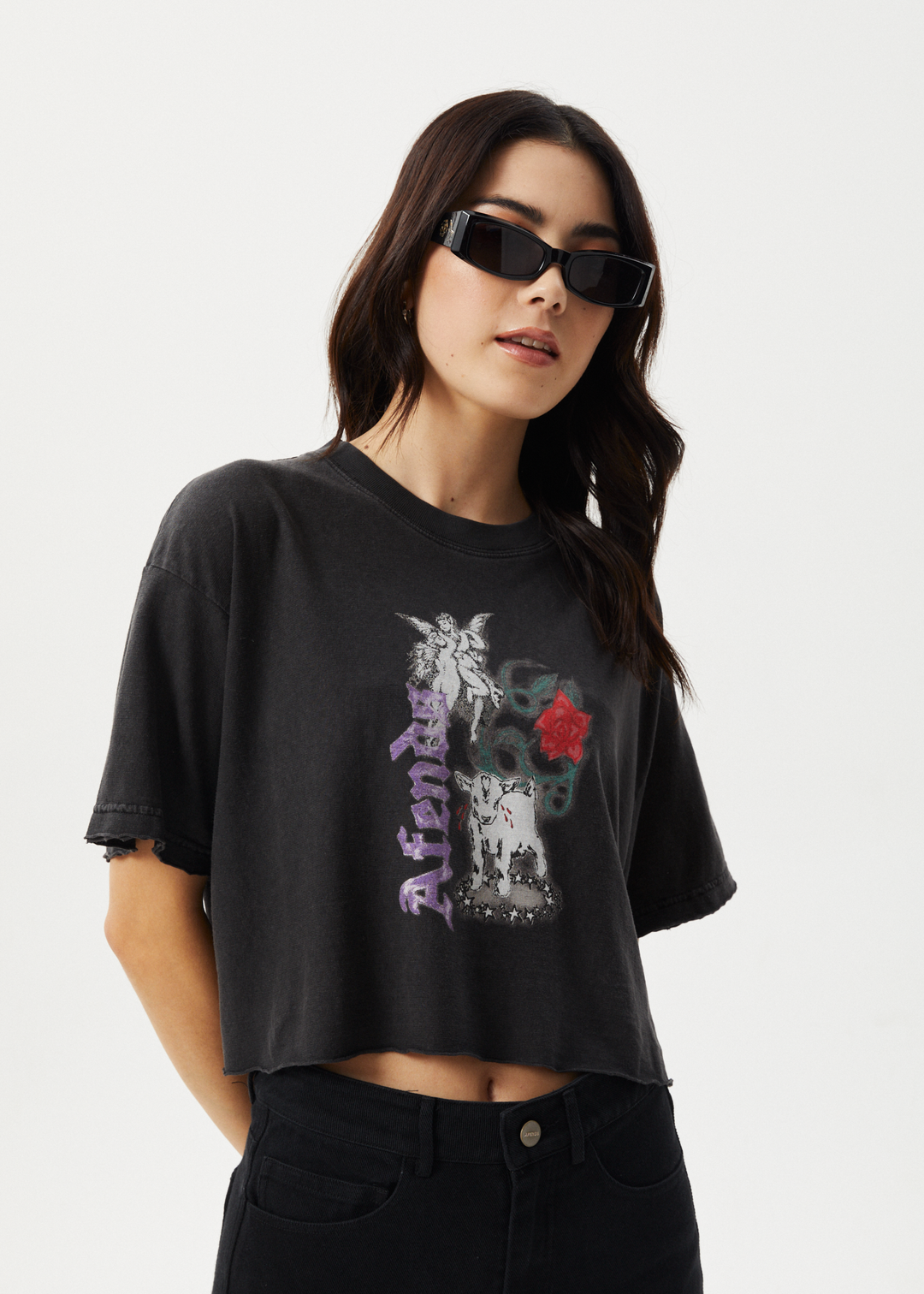 AFENDS Womens Nirvana Cropped - Oversized Tee - Stone Black - Sustainable Clothing - Streetwear