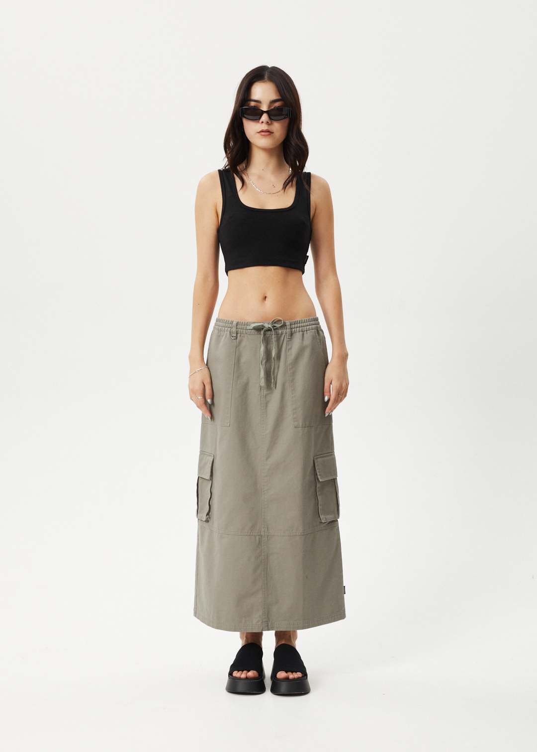 AFENDS Womens Tasman - Cargo Maxi Skirt - Grey Olive - Sustainable Clothing - Streetwear