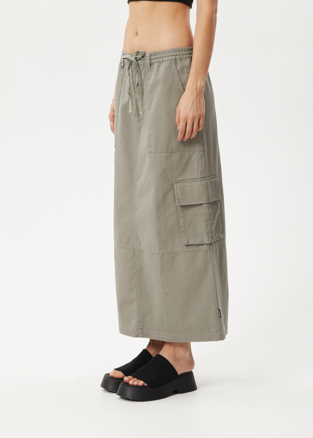 AFENDS Womens Tasman - Cargo Maxi Skirt - Grey Olive - Sustainable Clothing - Streetwear