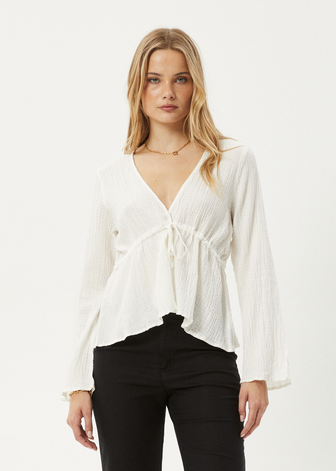 AFENDS Womens Focus - Seersucker Tie Top - Off White - Sustainable Clothing - Streetwear