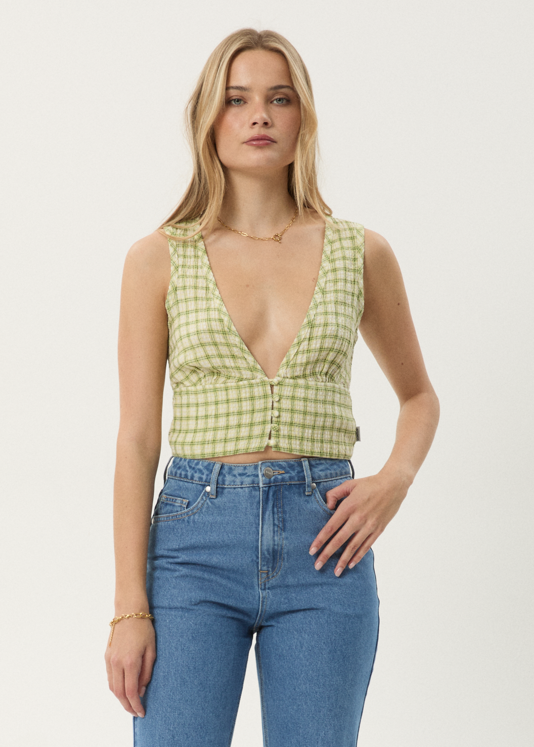 AFENDS Womens Darcy - Check Button Top - Lemongrass Check - Sustainable Clothing - Streetwear