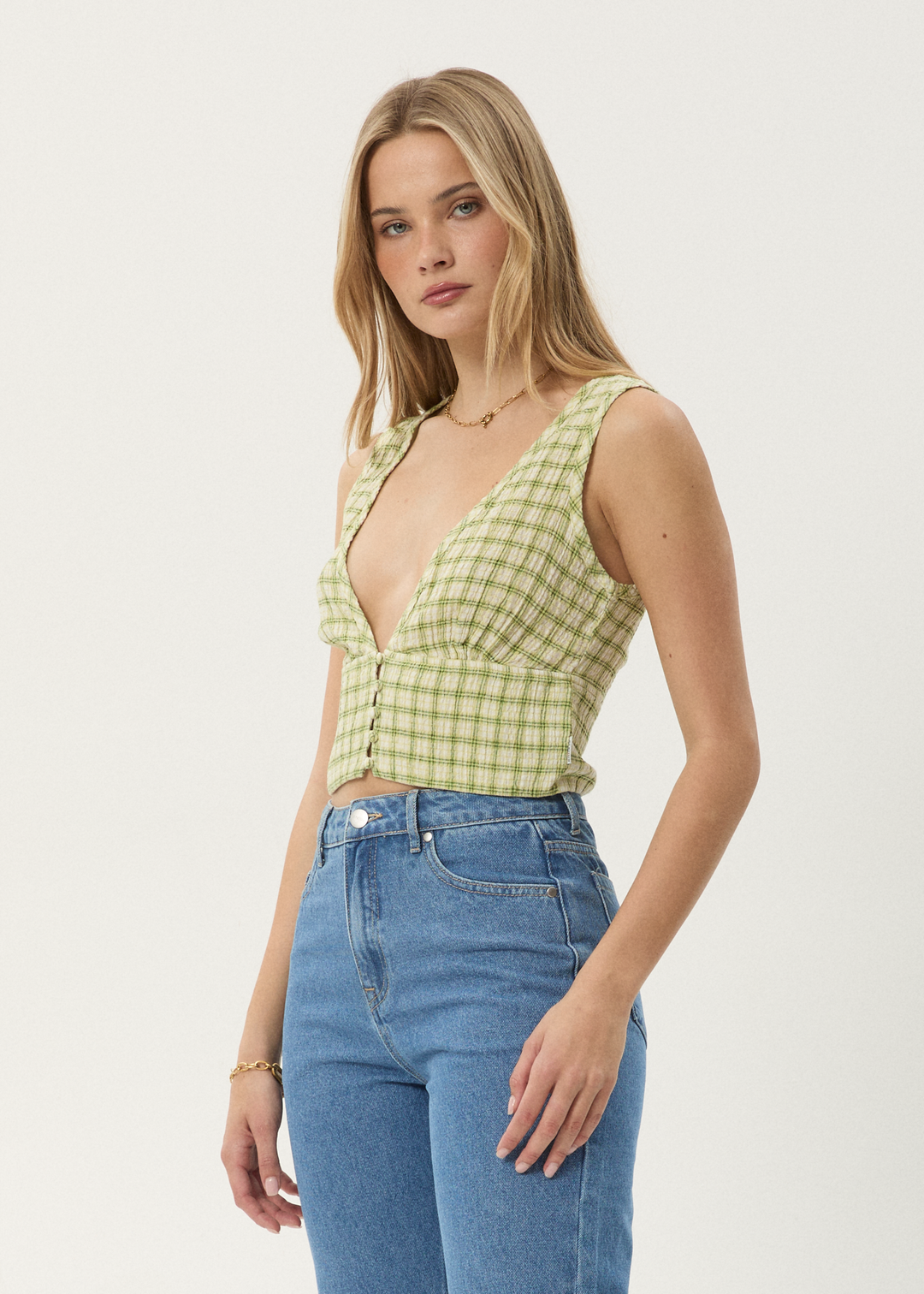 AFENDS Womens Darcy - Check Button Top - Lemongrass Check - Sustainable Clothing - Streetwear