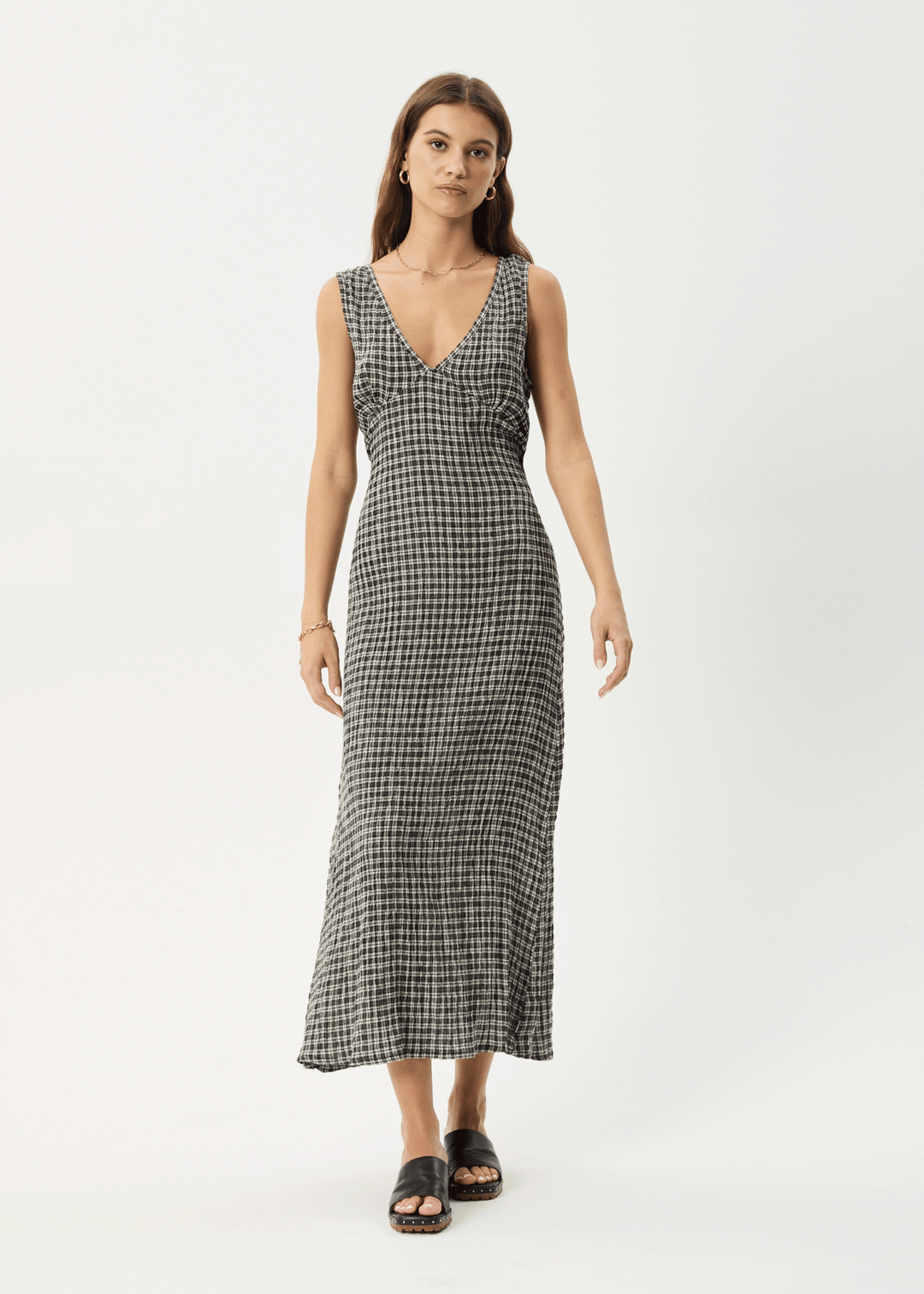 AFENDS Womens Asta - Seersucker Maxi Dress - Steel Check - Sustainable Clothing - Streetwear