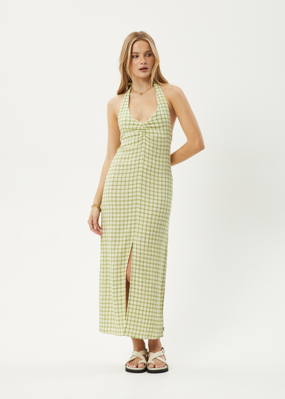 AFENDS Womens Darcy - Check Maxi Dress - Lemongrass Check - Sustainable Clothing - Streetwear