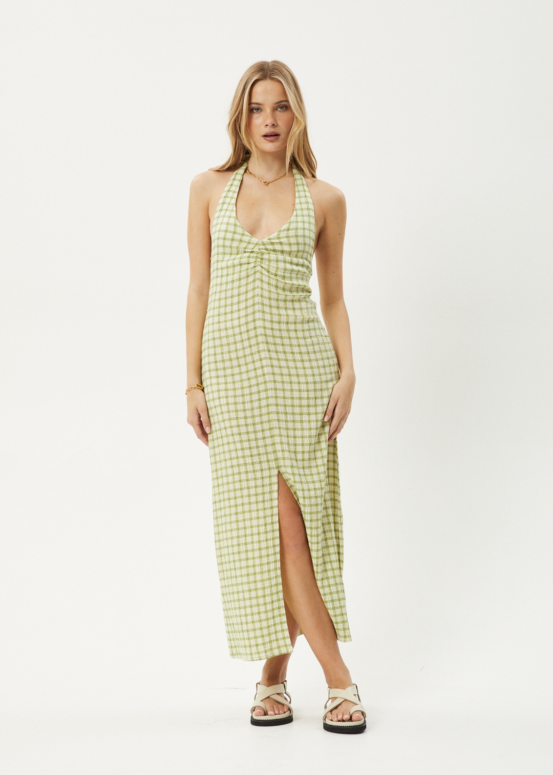 AFENDS Womens Darcy - Check Maxi Dress - Lemongrass Check - Sustainable Clothing - Streetwear