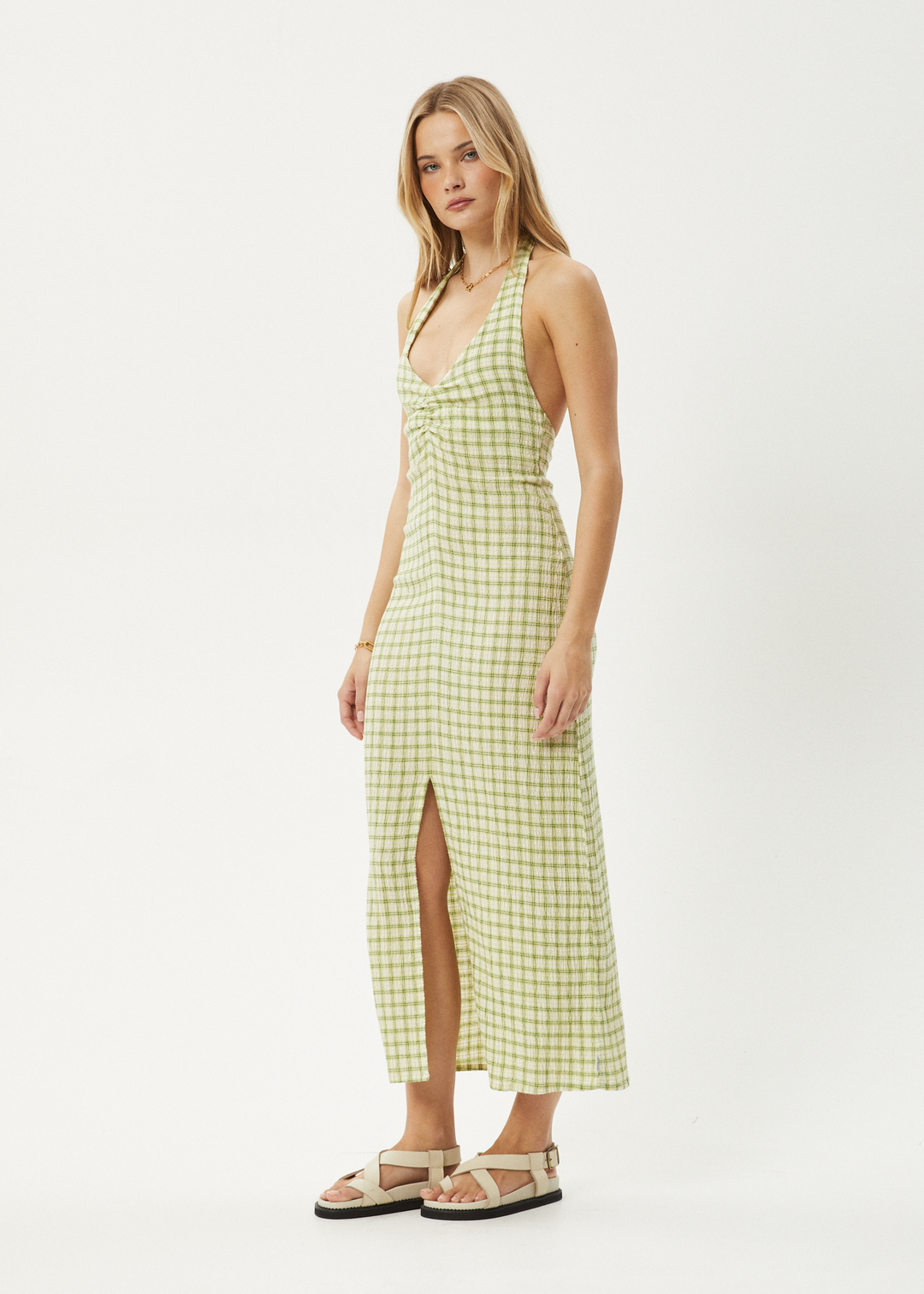 AFENDS Womens Darcy - Check Maxi Dress - Lemongrass Check - Sustainable Clothing - Streetwear