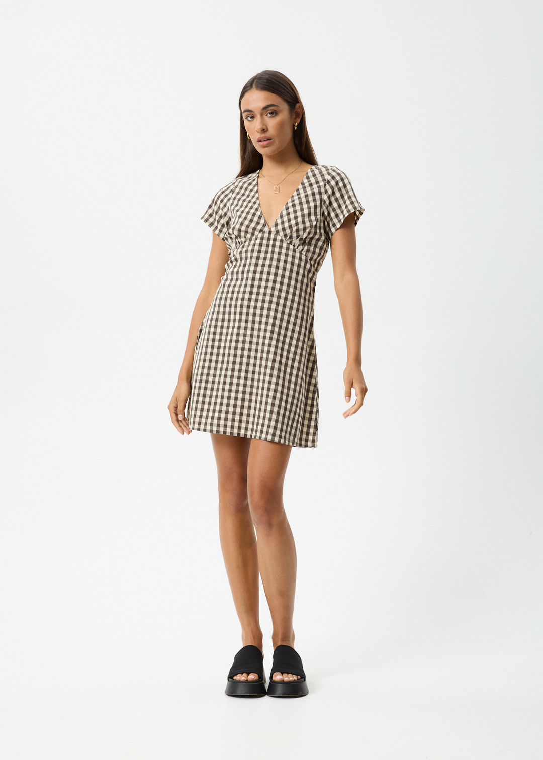 AFENDS Womens Gambet Check - Tea Dress - Black / Sand - Sustainable Clothing - Streetwear