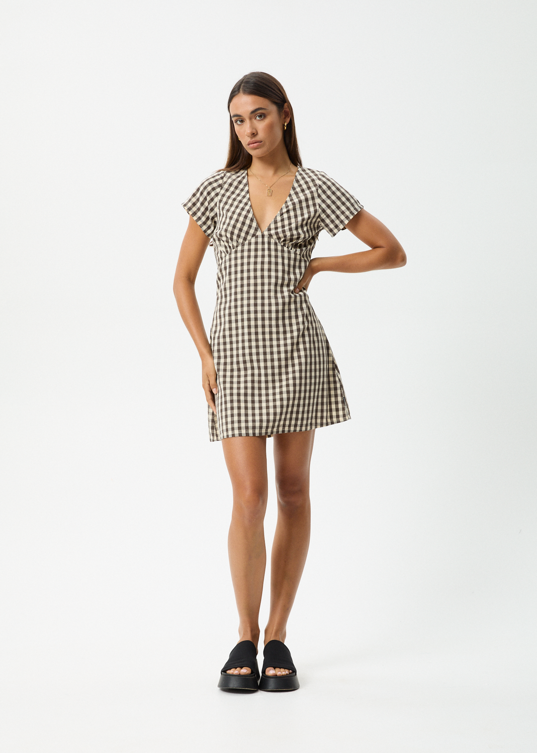 AFENDS Womens Gambet Check - Tea Dress - Black / Sand - Sustainable Clothing - Streetwear