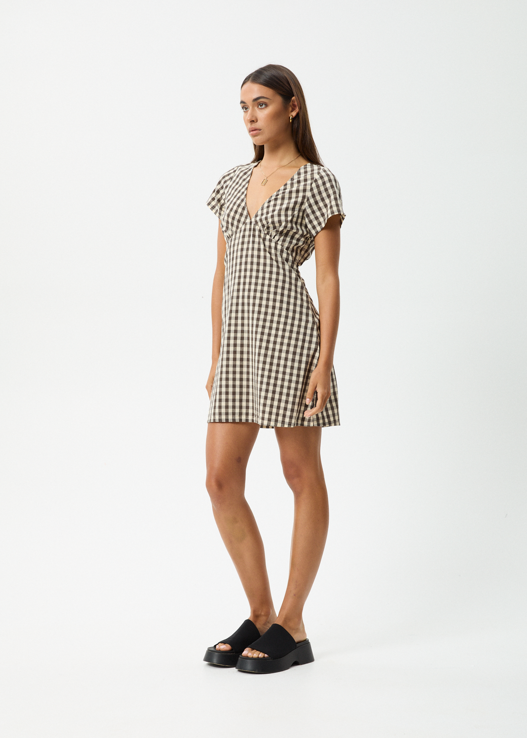 AFENDS Womens Gambet Check - Tea Dress - Black / Sand - Sustainable Clothing - Streetwear